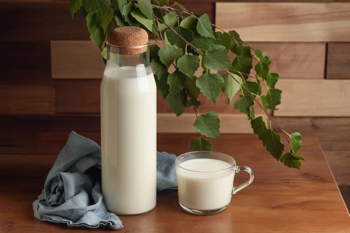 A bottle and a glass of milk on a wooden table