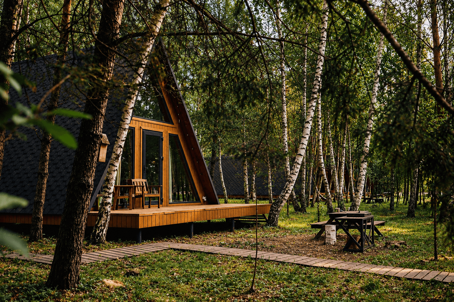 An A‑frame cabin among birch trees